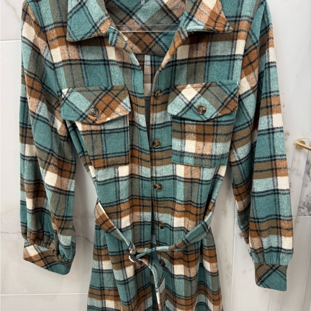 Entro Teal and Brown Plaid Long Sleeve Dress